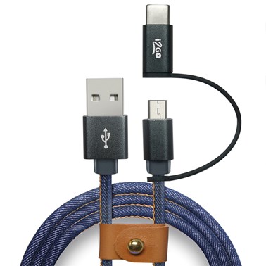 Cabo 2 em 1 Micro USB + USB-C i2GO Jeans 1,5m 2,4A - Jeans Fashion Series