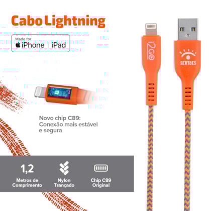 Segunda imagem do produto Cabo iPhone/Cabo Lightning i2GO Certificado MFi 1,2m 2,4A Nylon Trançado Laranja e Cinza - Edição Limitada i2GO by Sertões