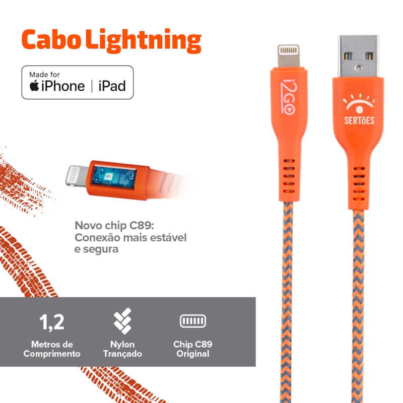 Segunda imagem do produto Cabo iPhone/Cabo Lightning i2GO Certificado MFi 1,2m 2,4A Nylon Trançado Laranja e Cinza - Edição Limitada i2GO by Sertões