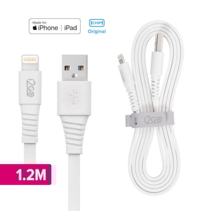 Segunda imagem do produto Cabo Iphone/Cabo Lightning i2GO Certificado MFi 1,2m 2,4A PVC Flexível Flat Branco - i2GO Basic