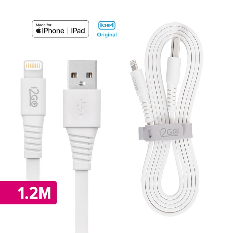 Segunda imagem do produto Cabo Iphone/Cabo Lightning i2GO Certificado MFi 1,2m 2,4A PVC Flexível Flat Branco - i2GO Basic