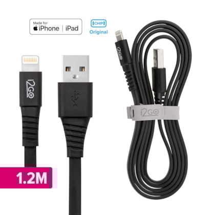Segunda imagem do produto Cabo Iphone/Cabo Lightning i2GO Certificado MFi 1,2m 2,4A PVC Flexível Flat Preto - i2GO Basic