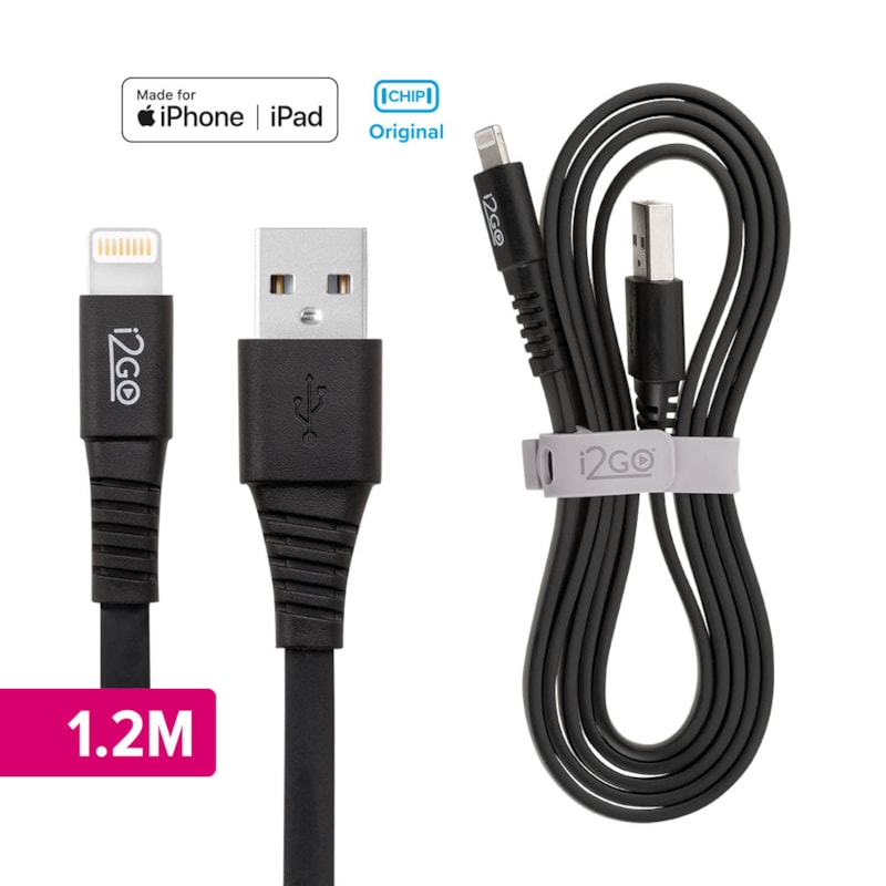Segunda imagem do produto Cabo Iphone/Cabo Lightning i2GO Certificado MFi 1,2m 2,4A PVC Flexível Flat Preto - i2GO Basic