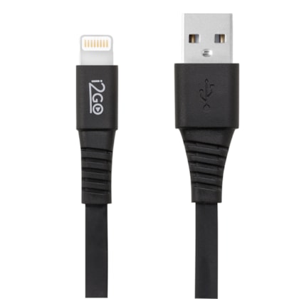 Cabo Iphone/Cabo Lightning i2GO Certificado MFi 1,2m 2,4A PVC Flexível Flat Preto - i2GO Basic