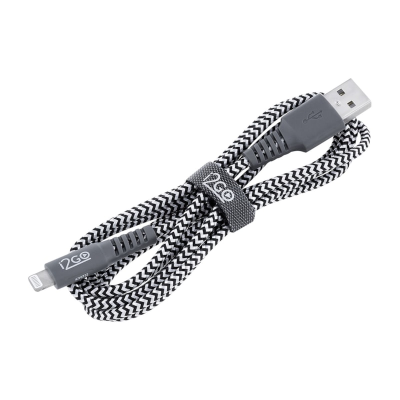 Segunda imagem do produto Cabo Iphone/Cabo Lightning i2GO Certificado MFi 1,5m 2,4A Nylon Trançado Preto e Branco - i2GO Plus