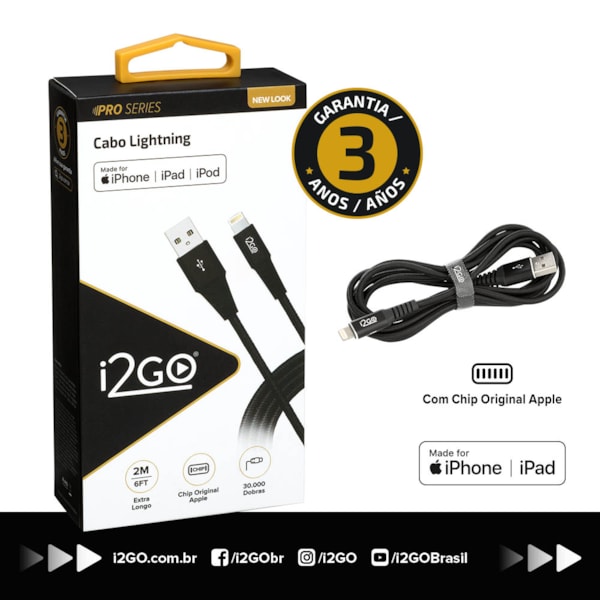 Cabo Iphone/Cabo Lightning I2GO Certificado MFi 2m 2,4A Nylon