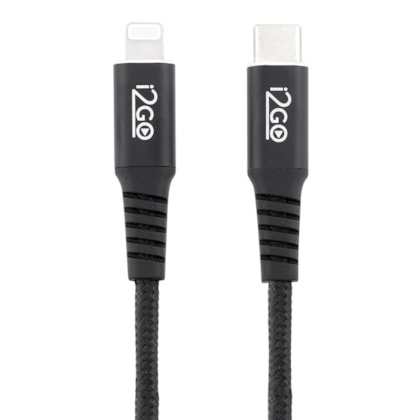 Segunda imagem do produto Cabo iPhone/Lightning + USB-C I2GO Certificado MFi 2m 3A Nylon Trançado Preto - I2GO PRO