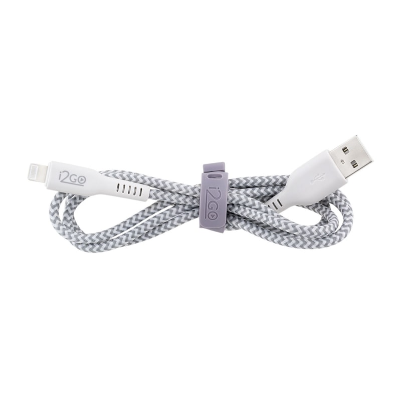 Segunda imagem do produto Cabo Lightning 1M i2GO Nylon Trançado Branco e Cinza - i2GO Basic