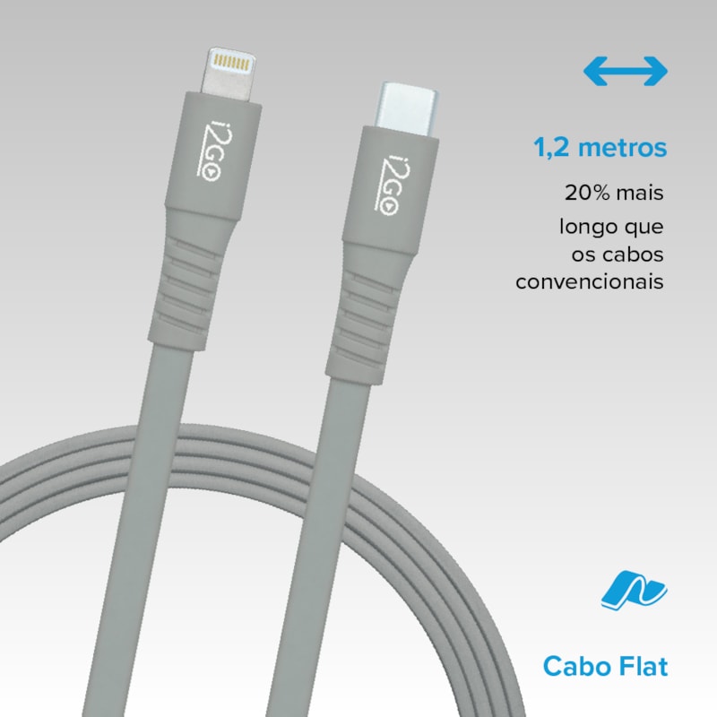 Segunda imagem do produto Cabo Lightning + USB-C 1,2M 3A Cinza - i2GO