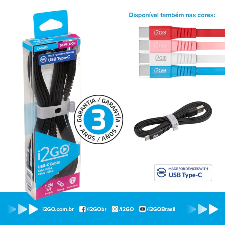 Cabo USB-C i2GO 1,2m 2,4A PVC Flexível Flat Preto - i2GO Basic - I2GO