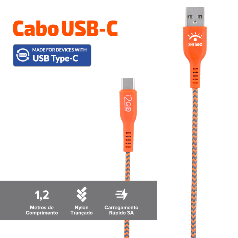 Segunda imagem do produto Cabo USB-C i2GO 1,2m 3A Nylon Trançado Laranja e Cinza - Edição Limitada i2GO by Sertões
