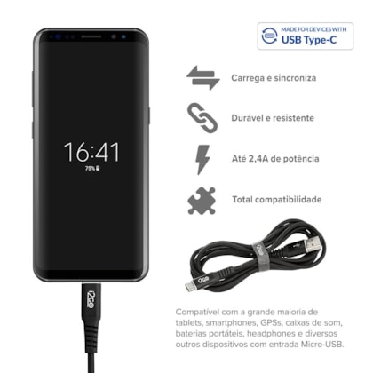 Segunda imagem do produto Cabo USB-C I2GO 2m 3A Nylon Trançado Preto - I2GO PRO