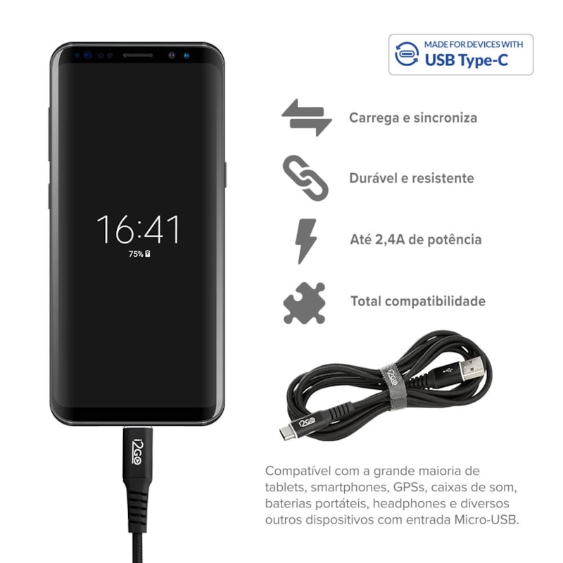 Segunda imagem do produto Cabo USB-C I2GO 2m 3A Nylon Trançado Preto - I2GO PRO