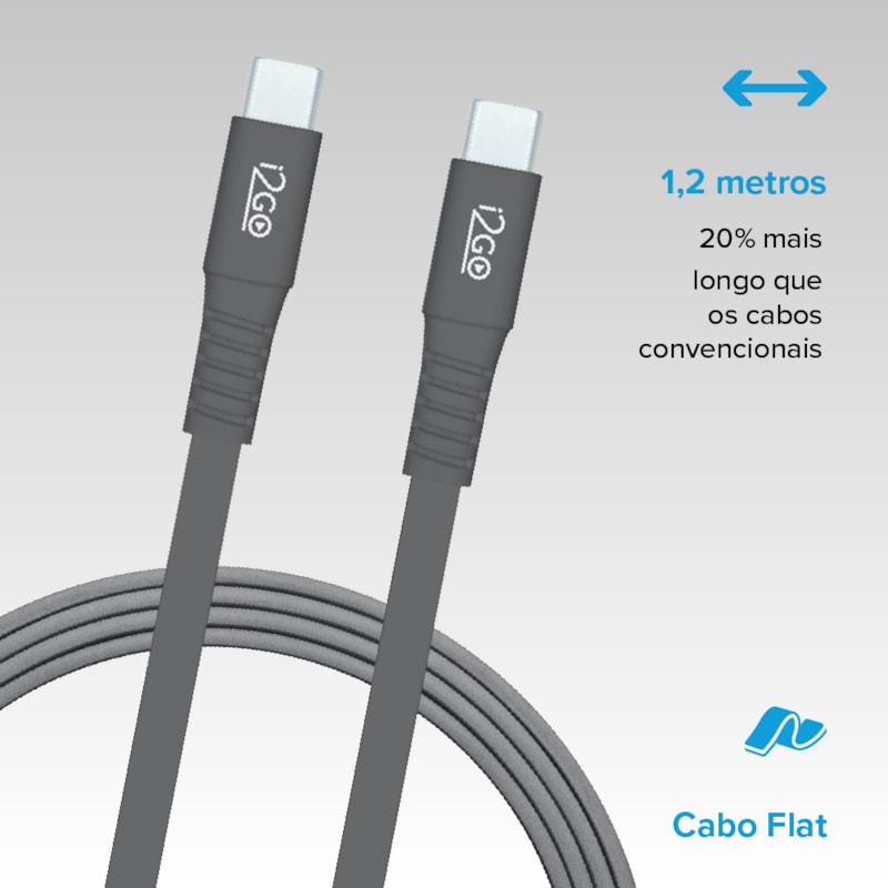 Segunda imagem do produto Cabo USB-C + USB-C 1,2M 3A Cinza -  i2GO