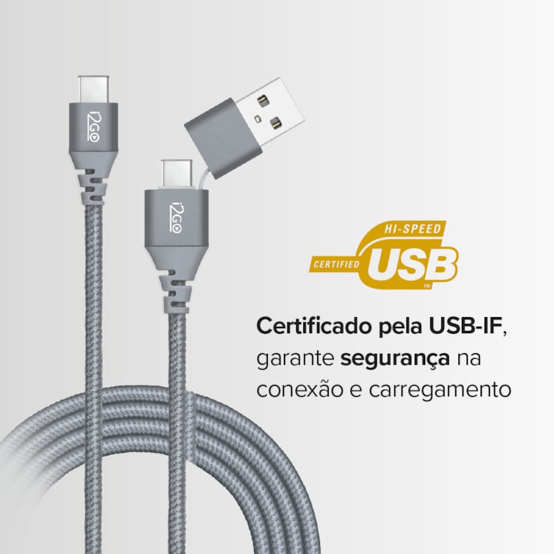 Segunda imagem do produto Cabo USB-C + USB-C com adaptador USB-A I2GO 2m 3A Nylon Trançado Chumbo - I2GO PRO