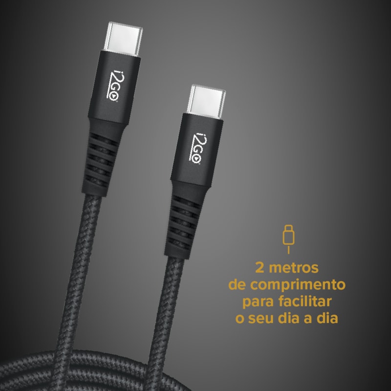 Segunda imagem do produto Cabo USB-C + USB-C i2GO 2M 3A 60W Nylon Trançado Black Series - i2GO PRO
