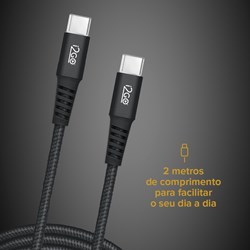 Cabo USB-C + USB-C i2GO 2M 3A 60W Nylon Trançado Black Series - i2GO PRO