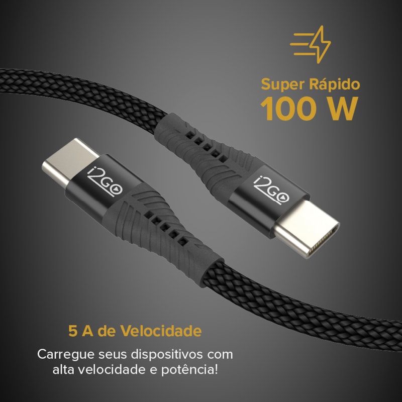 Segunda imagem do produto Cabo USB-C + USB-C i2GO 2M 5A 100W Nylon Trançado Preto - i2GO PRO
