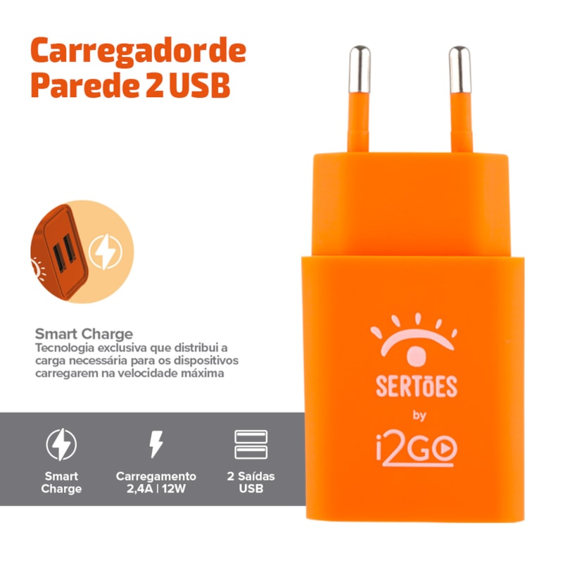 Segunda imagem do produto Carregador De Parede Emborrachado com 2 Saídas USB 2,4A Laranja - Edição Limitada i2GO by Sertões