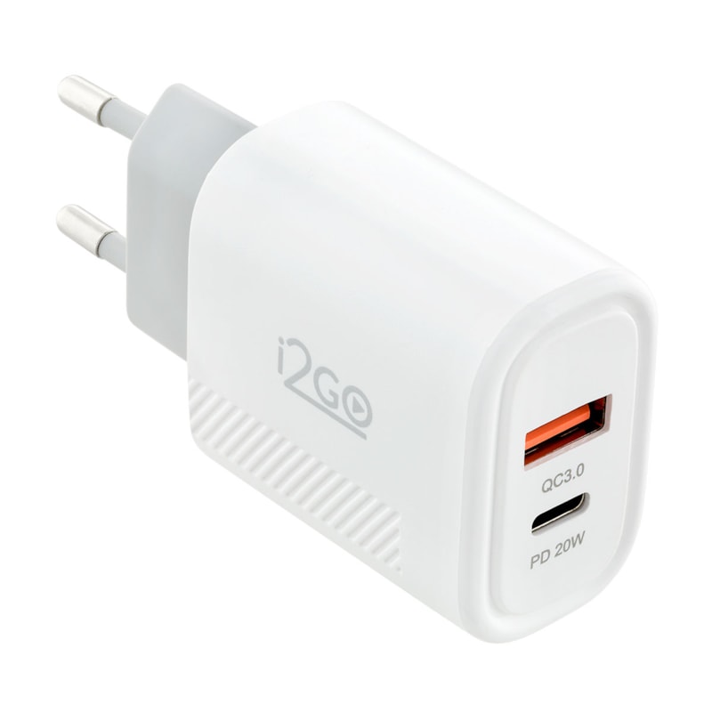Carregador de Parede Ultra Rápido com 1 Saída USB-C Power Delivery 20W + 1 Saída USB-A 18W I2GO - i2GO PRO