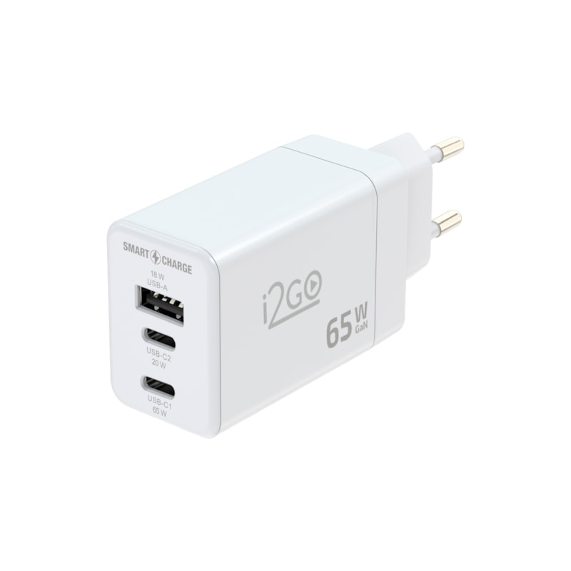 Carregador de Parede Ultra Rápido i2GO Power Delivery com 1 Saída USB-C 65W + 1 Saída USB-C 20W + 1 Saída USB-A 18W - i2GO PRO