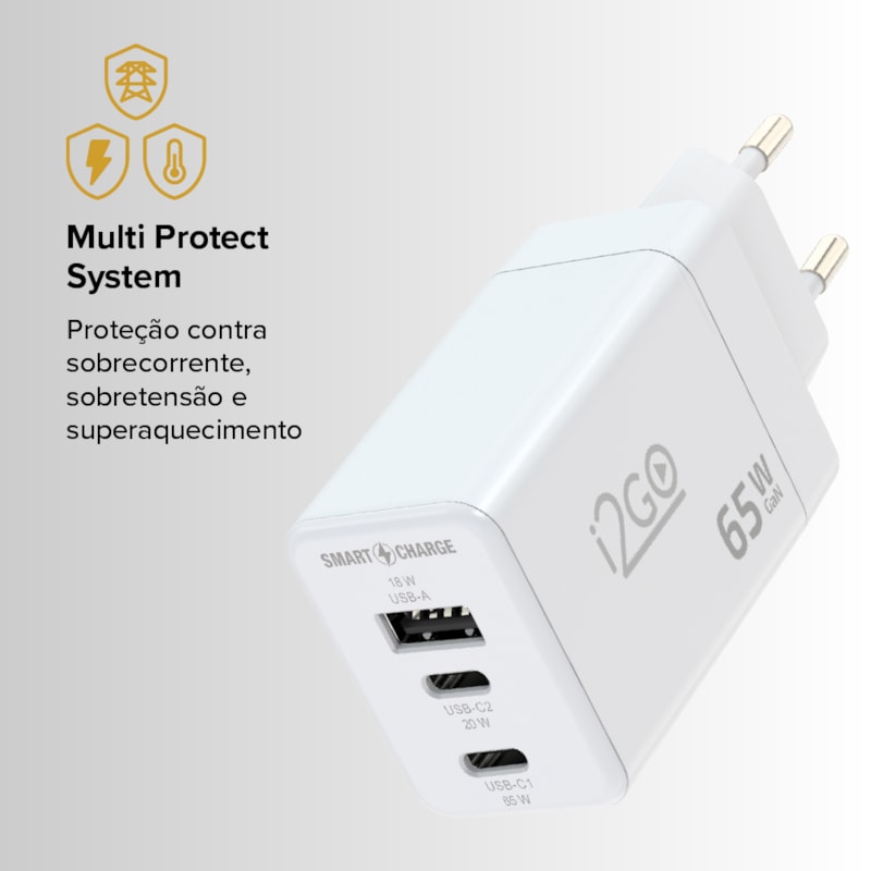 Segunda imagem do produto Carregador de Parede Ultra Rápido i2GO Power Delivery com 1 Saída USB-C 65W + 1 Saída USB-C 20W + 1 Saída USB-A 18W - i2GO PRO