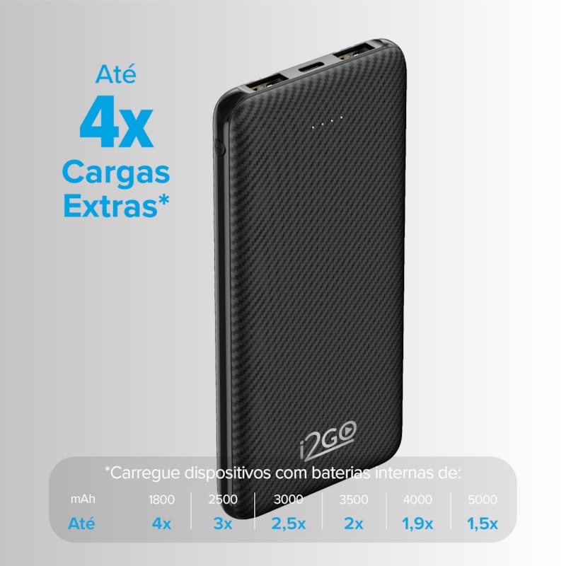 Segunda imagem do produto Carregador Portátil (Power Bank) i2GO 10000mAh 2 Saídas USB + 1 Saída USB-C Preto - i2GO Plus