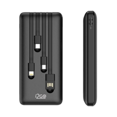 Carregador Portátil (Power Bank) i2GO 10000mAh 4 em 1 com cabos acoplados (Micro USB, USB-C, Lightning e USB-A) Preto - i2GO Plus