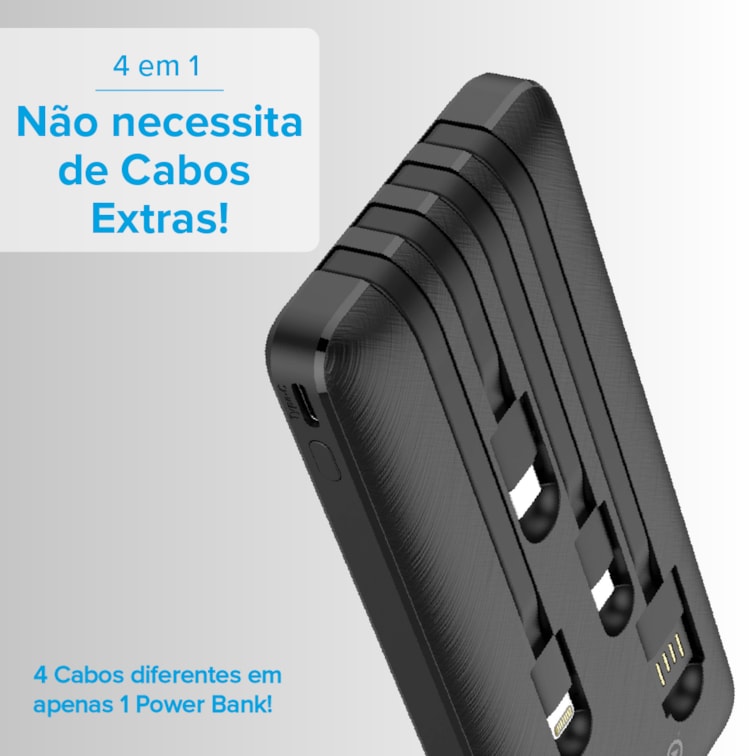 Carregador Portátil Power Bank I2go 10000mah 4 Em 1 Com Cabos Acoplados Micro Usb Usb C 1840