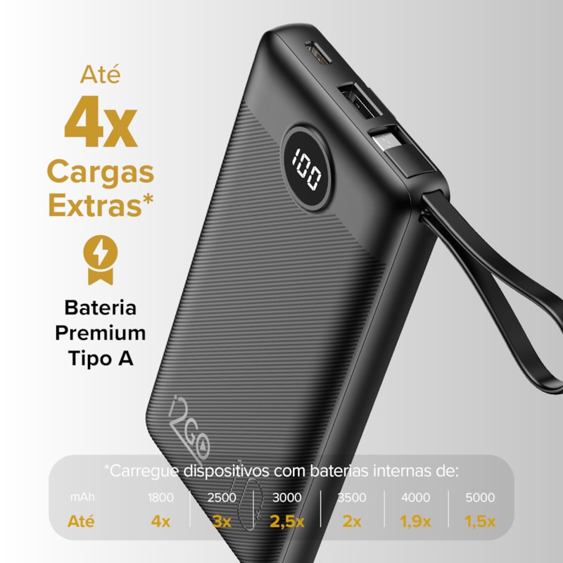 Segunda imagem do produto Carregador Portátil (Power Bank) i2GO 10000mAh 4 em 1 com cabos acoplados (Micro USB, USB-C, Lightning e USB-A) Preto - i2GO PRO