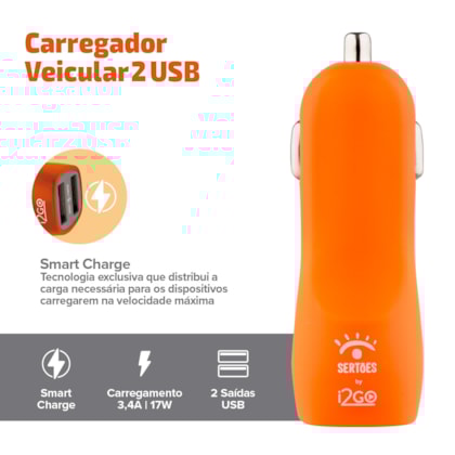 Segunda imagem do produto Carregador Veicular Emborrachado com 2 Saídas USB 3,4A Laranja - Edição Limitada i2GO by Sertões