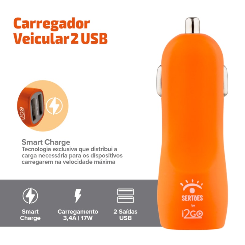 Segunda imagem do produto Carregador Veicular Emborrachado com 2 Saídas USB 3,4A Laranja - Edição Limitada i2GO by Sertões