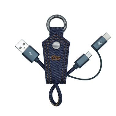 Chaveiro com cabo 2 em 1 Micro USB e USB-C i2GO Jeans 10cm 2,4A - Jeans Fashion Series