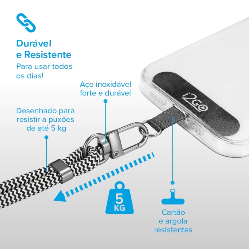 Segunda imagem do produto Cordão Para Smartphone i2GO Nylon Premium Preto e Branco