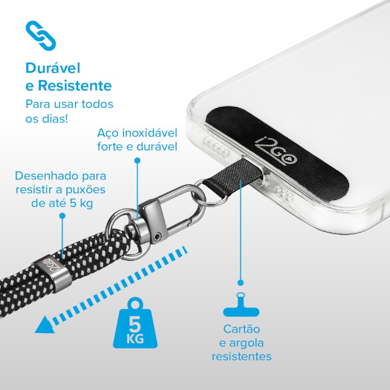 Segunda imagem do produto Cordão Para Smartphone i2GO Nylon Premium Preto e Chumbo