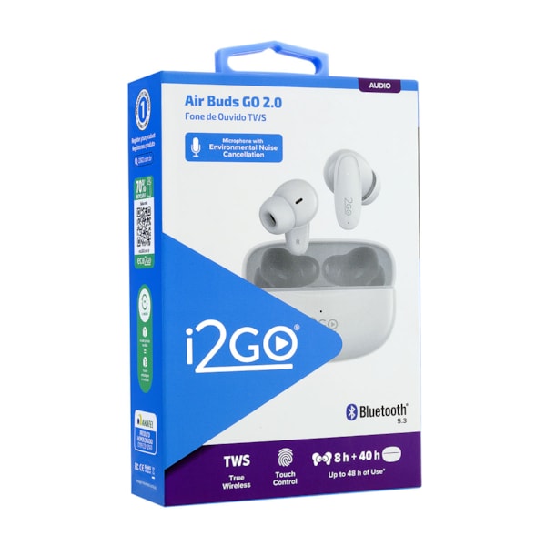 
                            Na imagem vemos um par de fones de ouvido brancos, sem fio e com bluetooth, e seu estojo branco de carregamento.