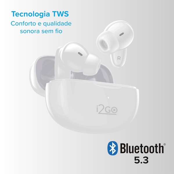 
                            Na imagem vemos um par de fones de ouvido brancos, sem fio e com bluetooth, e seu estojo branco de carregamento.