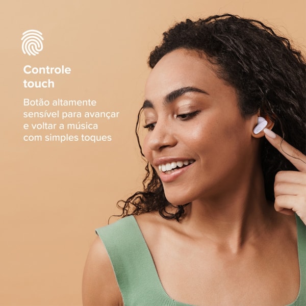 
                            Na imagem vemos um par de fones de ouvido brancos, sem fio e com bluetooth, e seu estojo branco de carregamento.