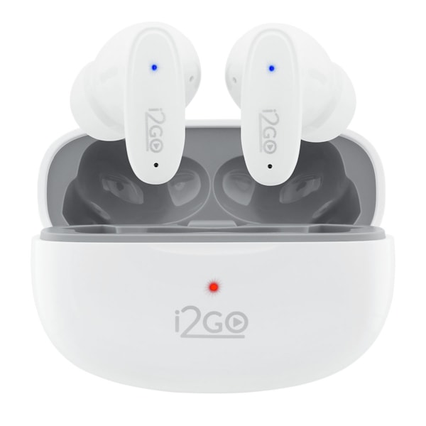 
                            Na imagem vemos um par de fones de ouvido brancos, sem fio e com bluetooth, e seu estojo branco de carregamento.
