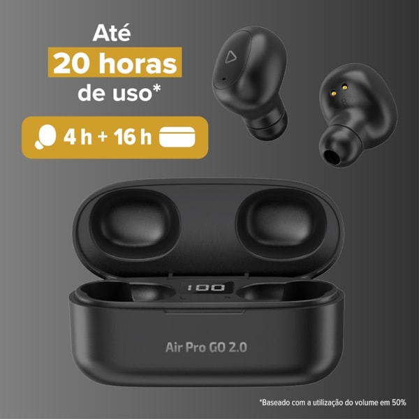 
                            A imagem principal mostra um par de fones preto, sem fio e bluetooth, acima do seu estojo de carregamento preto.