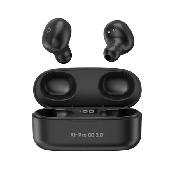 
                            A imagem principal mostra um par de fones preto, sem fio e bluetooth, acima do seu estojo de carregamento preto.