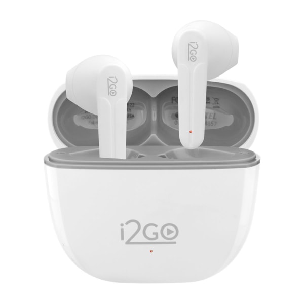 
                            A imagem principal mostra um par de fones sem fio branco, com bluetooth e dentro do seu estojo de carregamento branco.