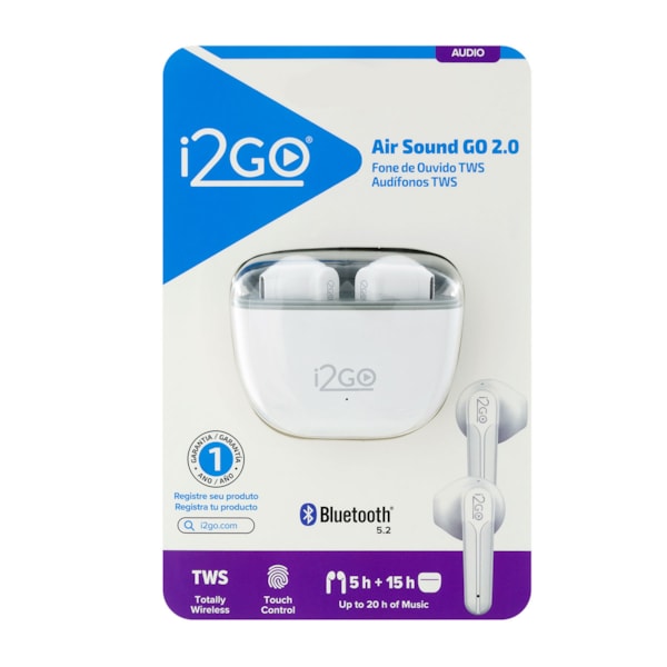 
                            A imagem principal mostra um par de fones sem fio branco, com bluetooth e dentro do seu estojo de carregamento branco.