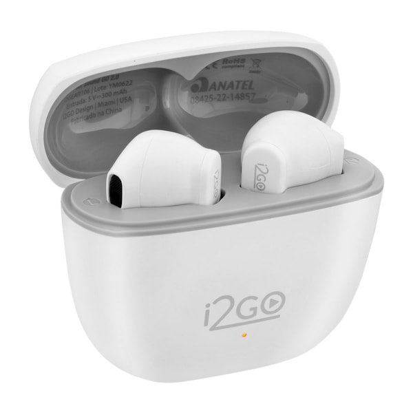 
                            A imagem principal mostra um par de fones sem fio branco, com bluetooth e dentro do seu estojo de carregamento branco.