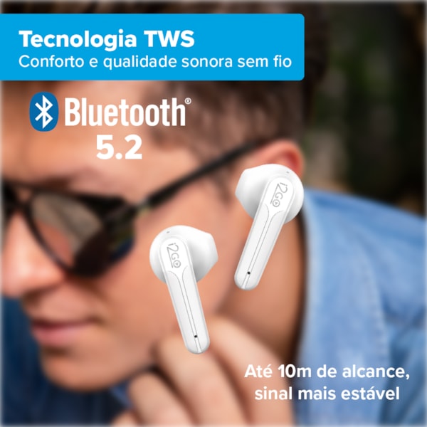 
                            A imagem principal mostra um par de fones sem fio branco, com bluetooth e dentro do seu estojo de carregamento branco.