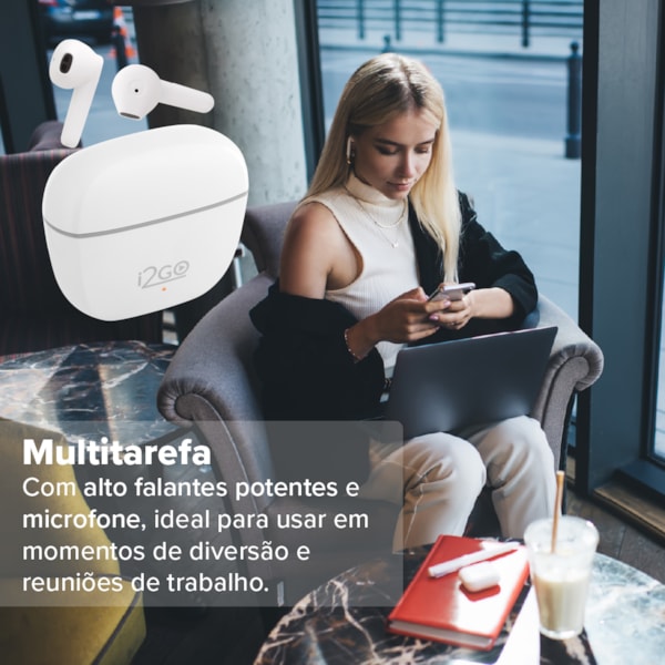 
                            A imagem principal mostra um par de fones sem fio branco, com bluetooth e dentro do seu estojo de carregamento branco.