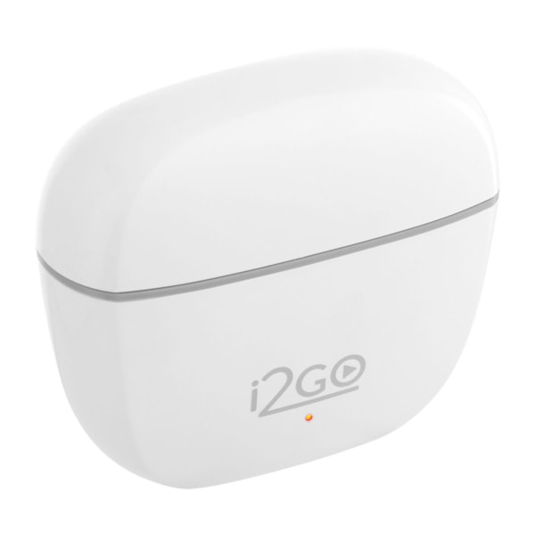 
                            A imagem principal mostra um par de fones sem fio branco, com bluetooth e dentro do seu estojo de carregamento branco.