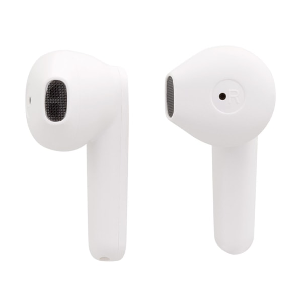 
                            A imagem principal mostra um par de fones sem fio branco, com bluetooth e dentro do seu estojo de carregamento branco.
