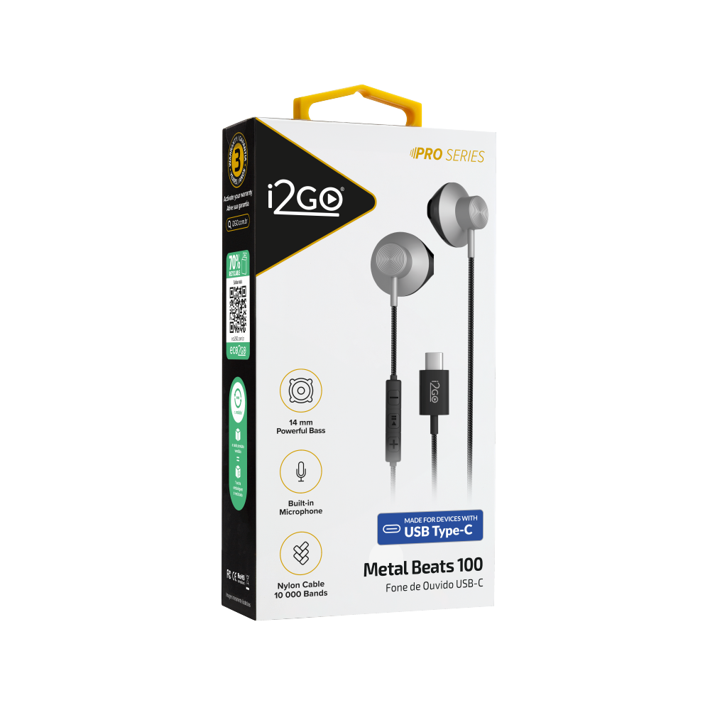 Fone de Ouvido USB-C i2GO Metal Beats 1,2m Preto e Cinza