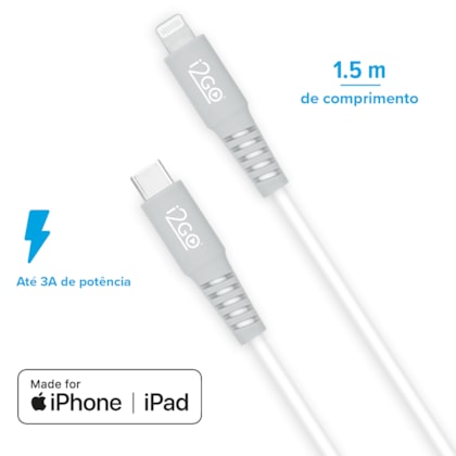 Segunda imagem do produto Kit Carregador de Parede Ultra Rápido com 1 Saída USB-C Power Delivery 20W + Cabo iPhone/Lightning + USB-C i2GO Certificado MFi 1,5m 3A Branco